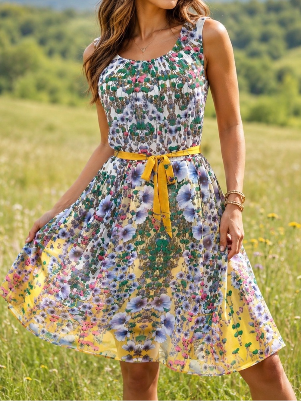 CHRIS McLaughlin Oasis Meadow Floral Pleated Lightweight Semi-Sheer Dress NWT 6